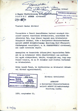 1970_SEP_21 Letter of Y. Andropov, head of KGB, concerning Soviet delegation and supposed term of conference - Hungarian